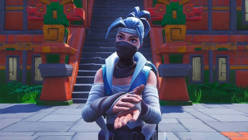 戴面具的Fortnite角色站在寺廟樓梯前