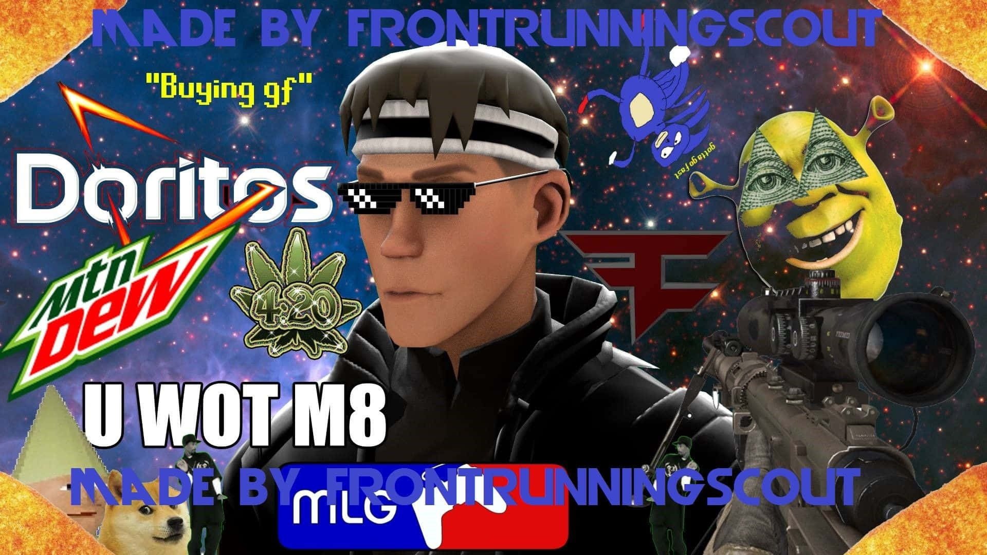 別惹Dank Memes 壁紙 — 一個像素化的角色戴著太陽眼鏡，在星空背景下拿著步槍，並有Doritos Mountain Dew和史力加迷因。