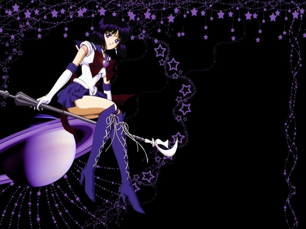 動畫女孩穿著紫色水手服，在發光的星球上手持月亮杖，周圍有星星。