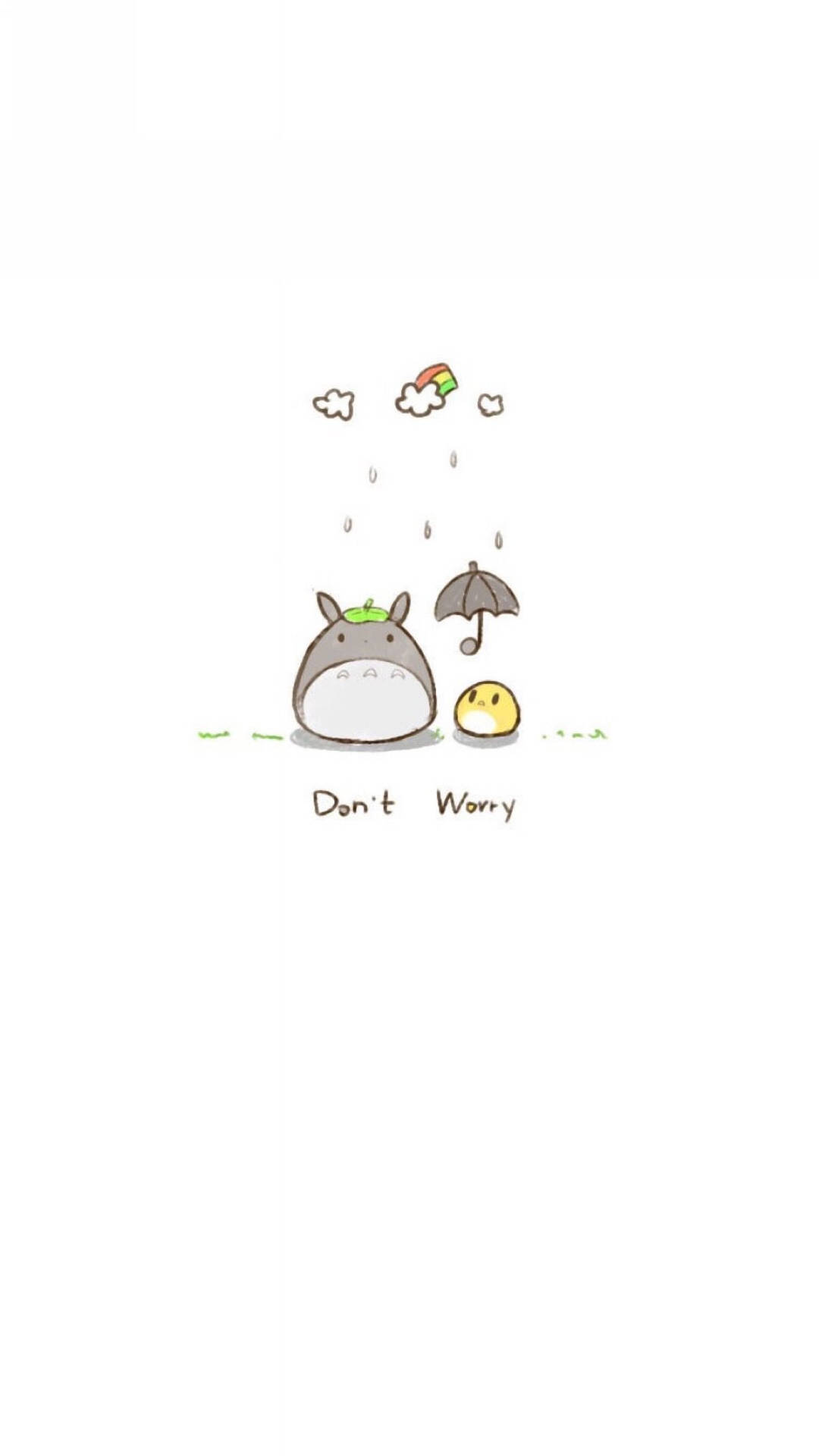 龍貓和小生物在雨中共享一把傘，上方有彩虹。