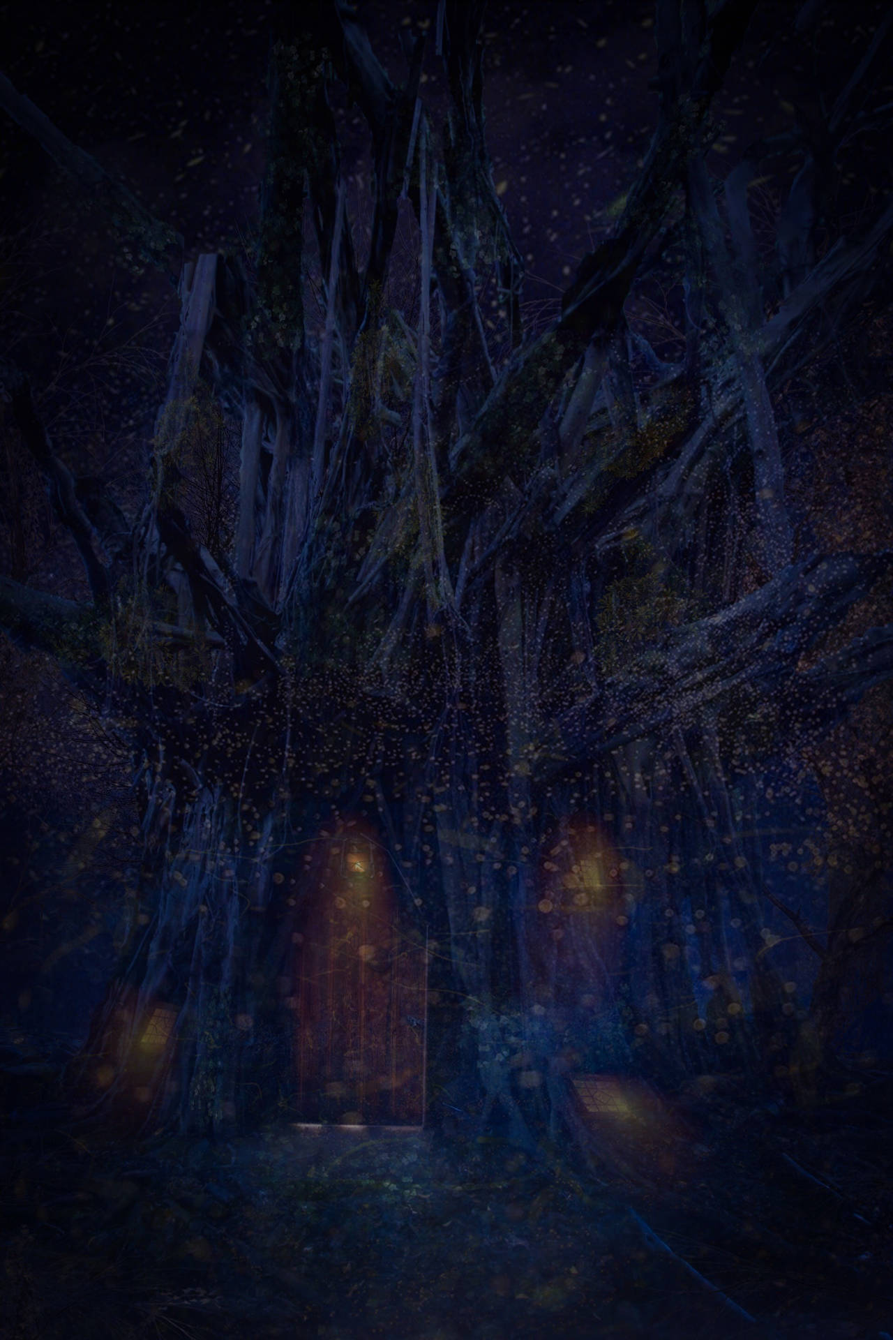 一棵巨大的古樹，在黑暗的森林夜晚，其空心樹幹內有發光的燈光。