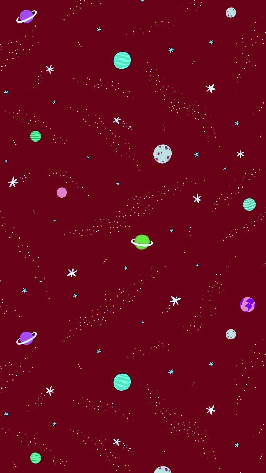 色彩繽紛的卡通行星和星星漂浮在深紅色的宇宙背景中。