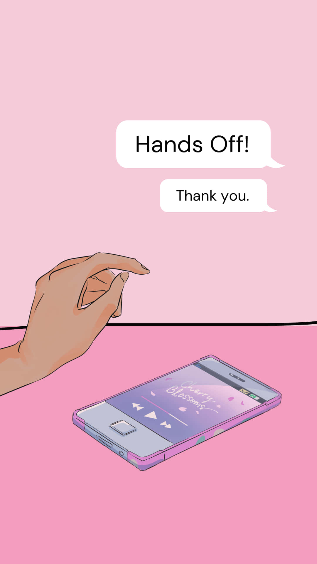 手懸浮在手機上方，帶有 'Hands Off!' 和 'Thank you.' 文字對話框。
