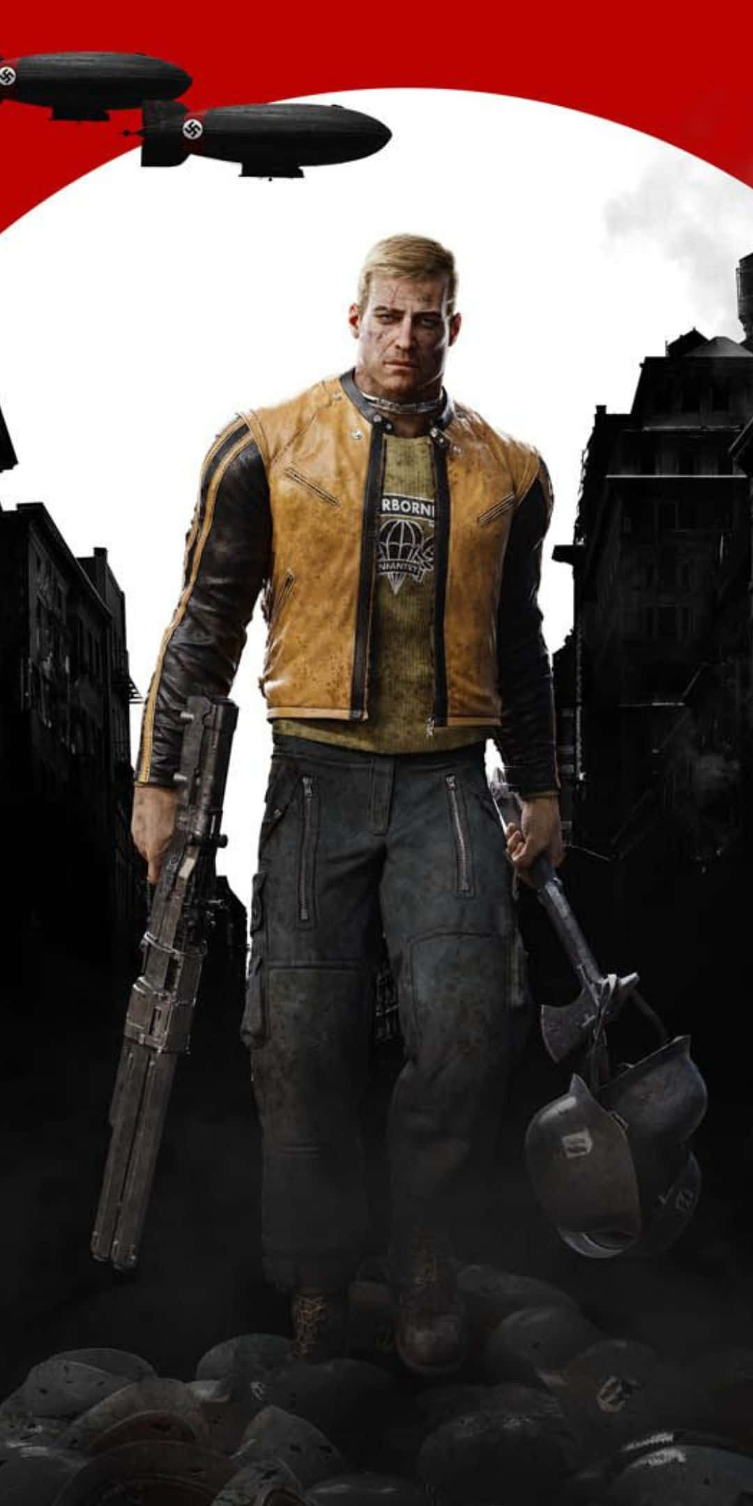 別讓納粹佔據你的手機——用 Pixel 3《Wolfenstein II》擊退他們！ 壁紙 — 一個嚴肅的士兵穿著皮夾克，站在戰火摧殘的城市街道上，手持步槍和斧頭，在紅色天空下，飛船在上空飛過。