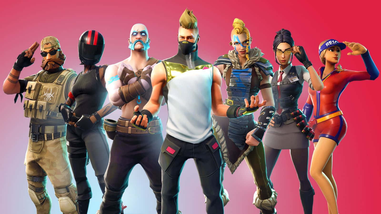 六個Fortnite遊戲角色在粉紅色背景前穿著色彩繽紛的服裝擺姿勢。
