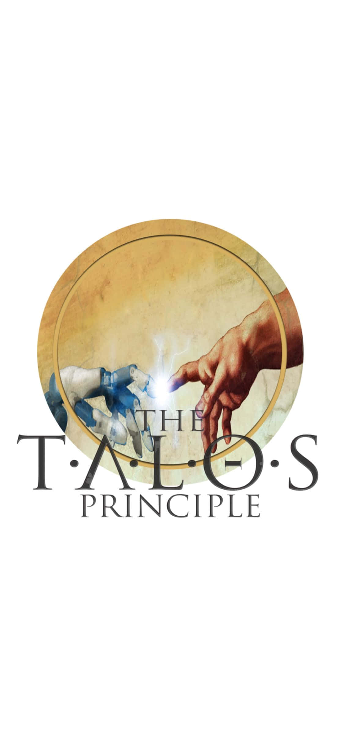別錯過精彩時刻：立即在 iPhone XS 上探索《塔洛斯的原則》 壁紙 — The Talos Principle 的圓形標誌，有一隻人類的手和一隻機械手互相伸向對方，之間有發光的光線。
