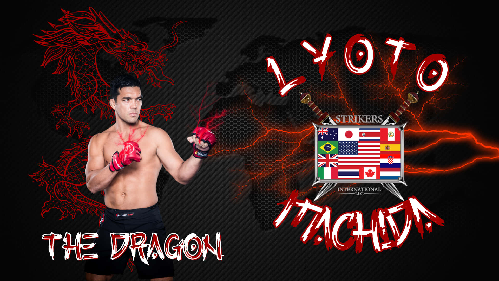 戰士 Lyoto Machida 與龍圖案及國際旗幟。