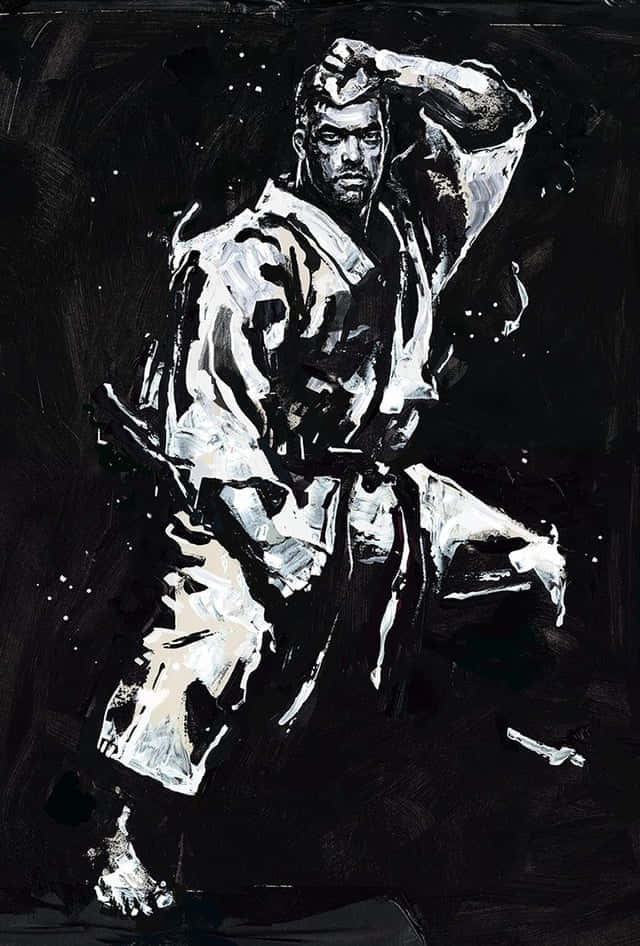 一位武術家以黑白水墨描繪的動態姿勢。