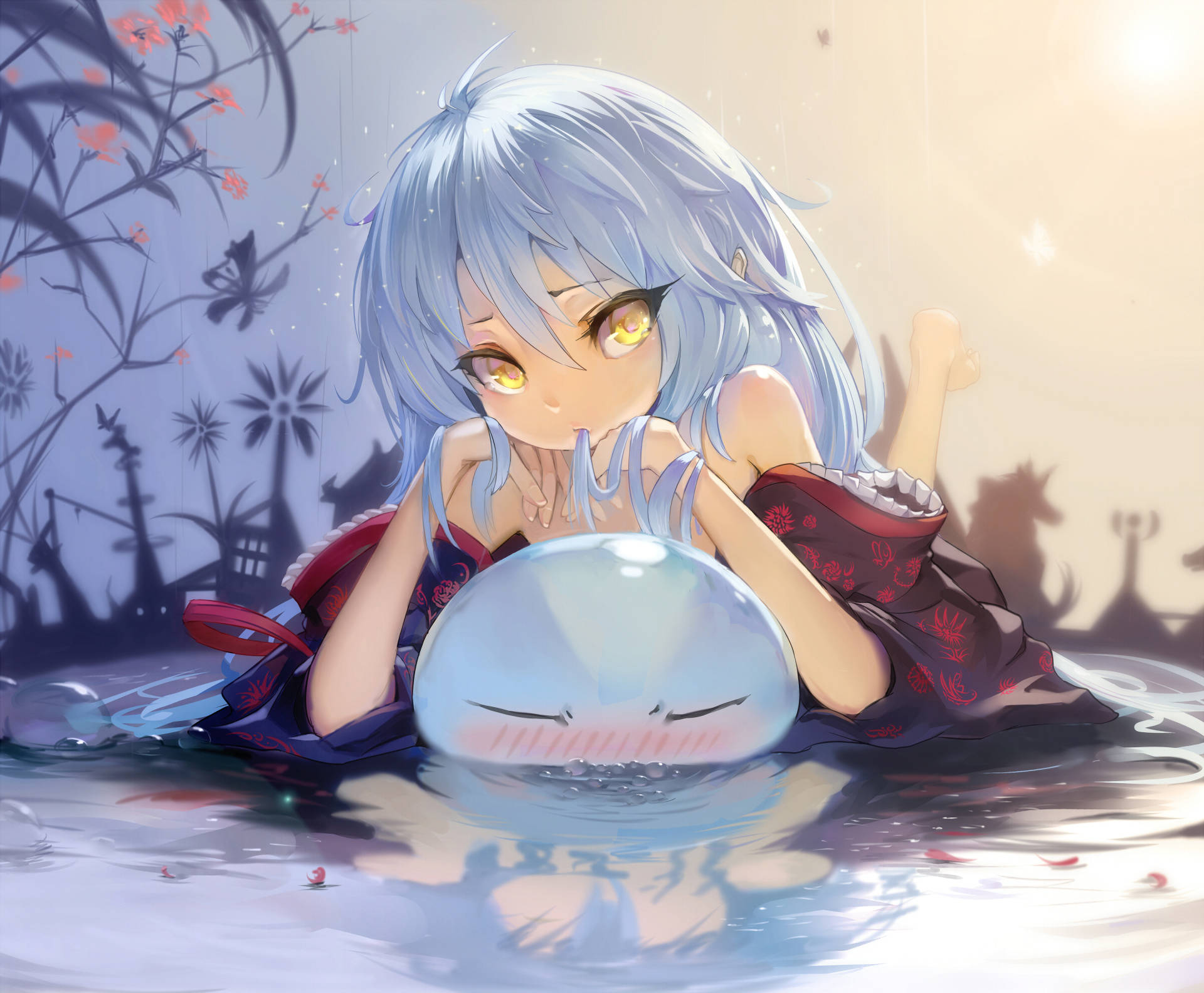 藍髮金眼的動漫女孩在夕陽下的水中抱著一條鯨魚。