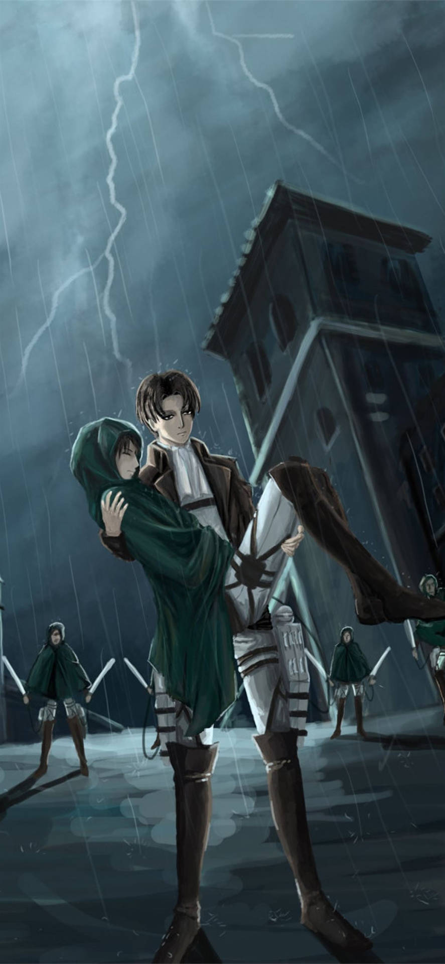 兩個動漫角色在暴風雨中擁抱，士兵守衛著倒塌的塔樓。