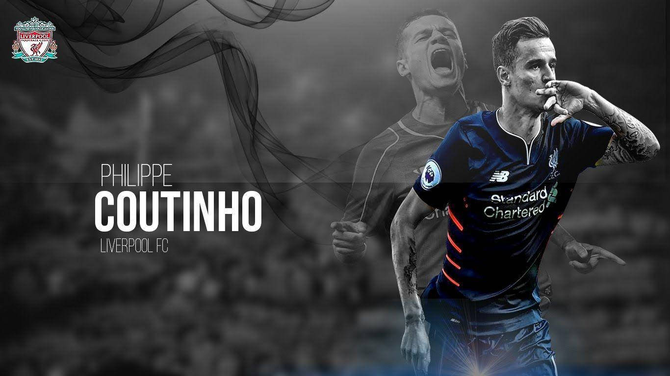 足球員 Philippe Coutinho 穿著利物浦球衣慶祝，帶有煙霧效果。
