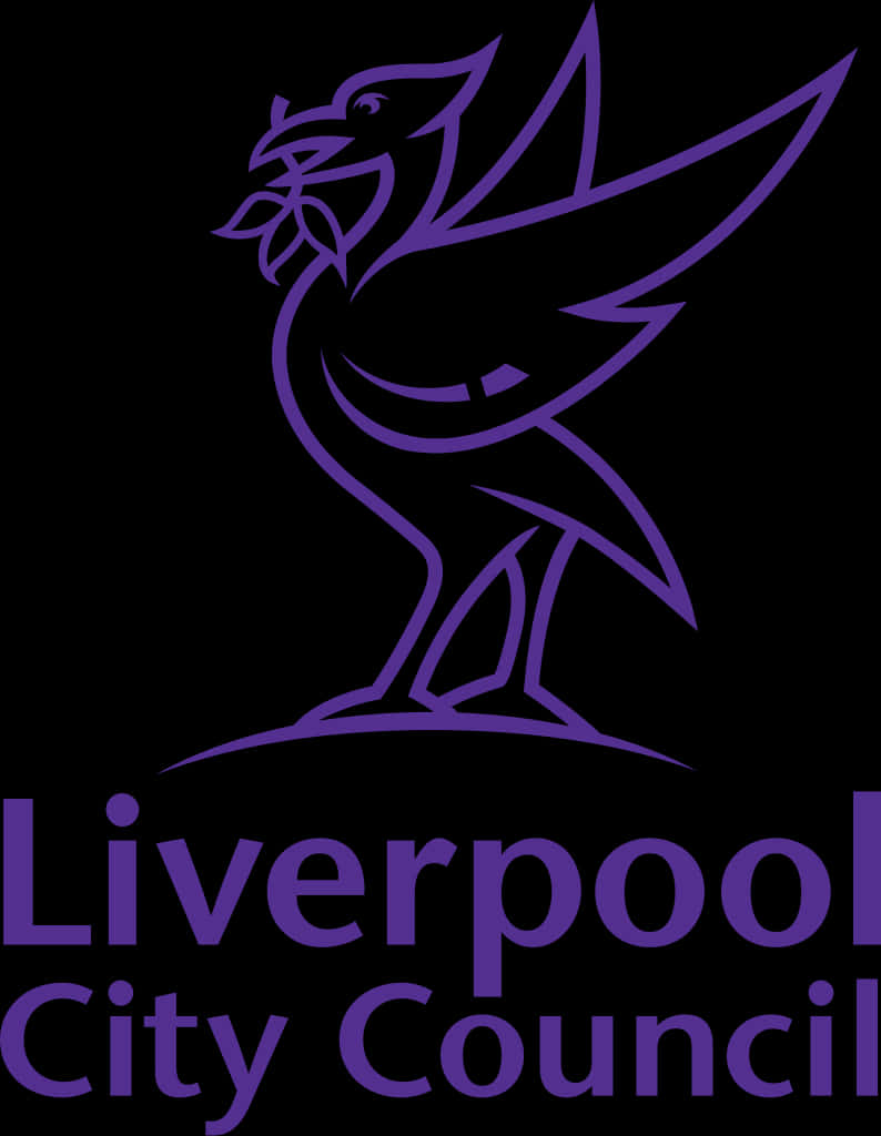 利物浦市議會肝鳥標誌 壁紙 — 一個風格化的紫色鳥標誌，帶有文字 Liverpool City Council，背景為黑色。