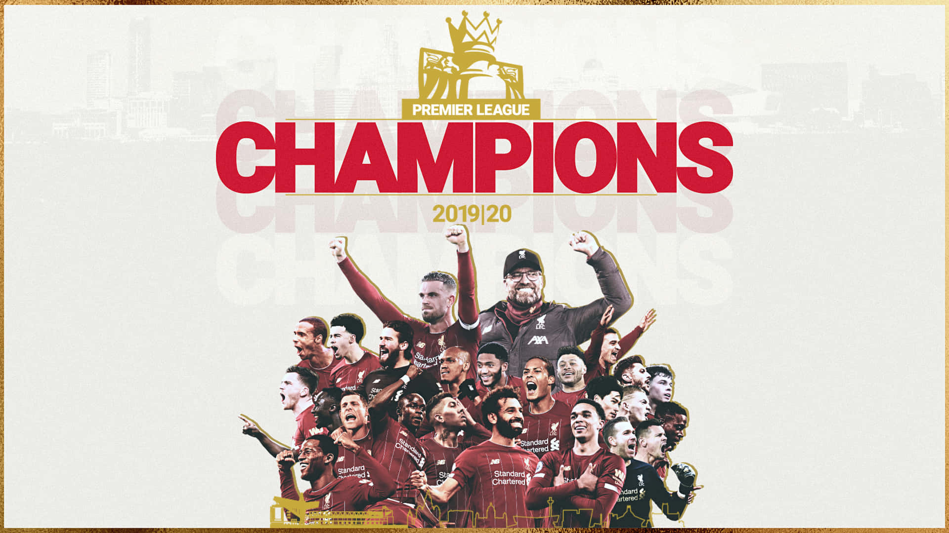 Liverpool 桌布 壁紙 — 利物浦球員和領隊勝利慶祝，上方「CHAMPIONS 2019/20」以粗體紅色文字閃耀。