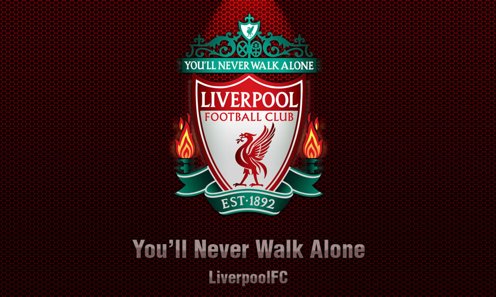 Liverpool Logo 桌布 壁紙 — 利物浦足球會徽章，深紅色六邊形背景上帶有燃燒的火炬。