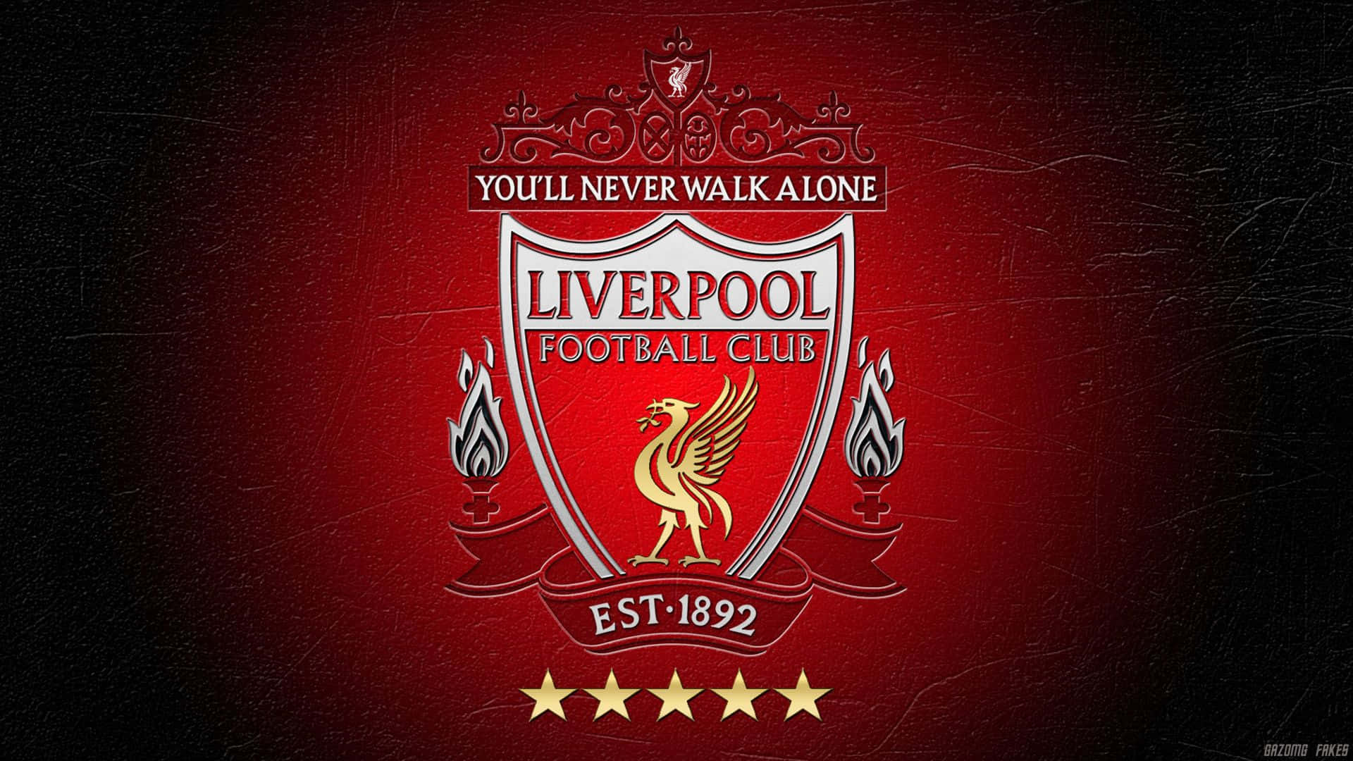 Liverpool 桌布 壁紙 — 利物浦足球會徽章，金色利物鳥和五顆星在紋理紅色背景上。