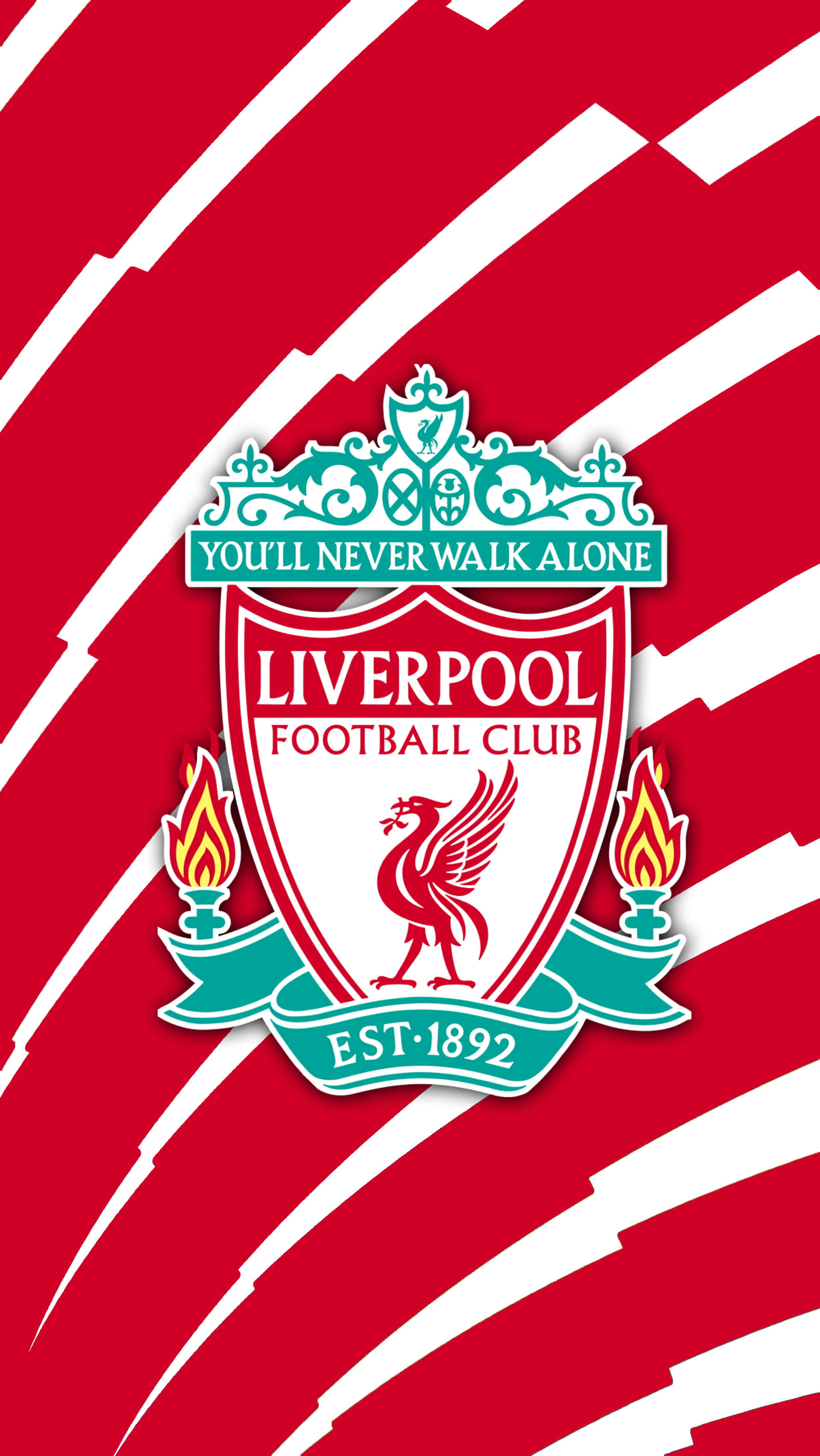 Liverpool Logo 桌布 壁紙 — 利物浦足球會徽章置於大膽的紅白斜紋背景中央。