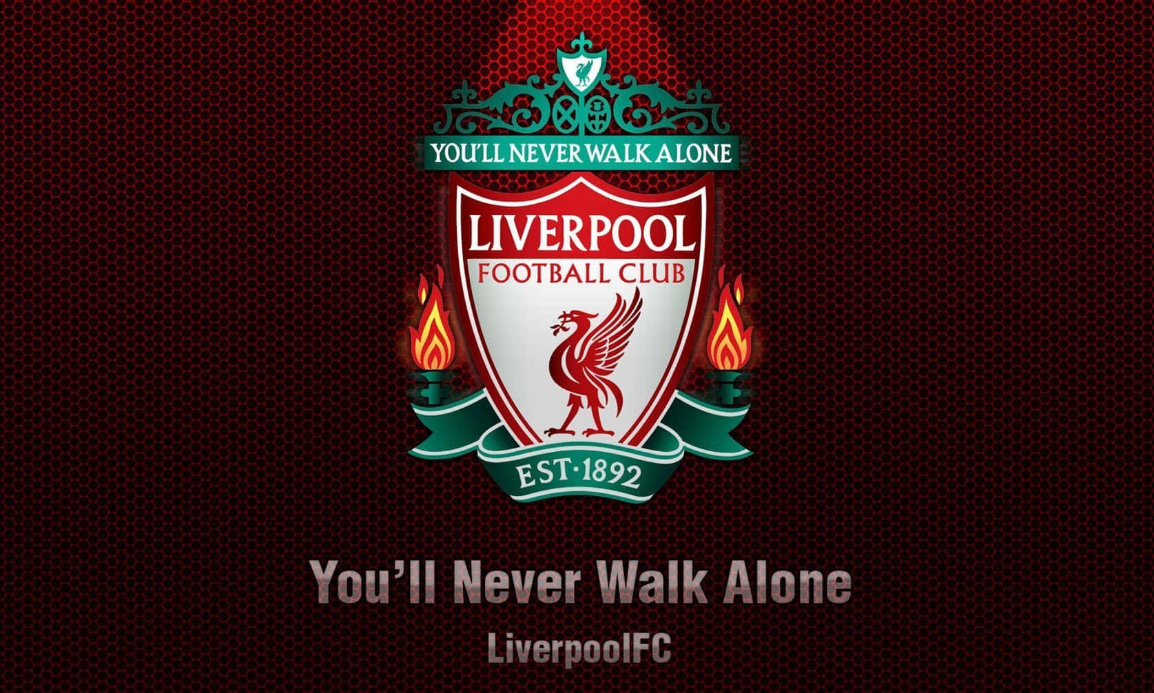 Liverpool 桌布 壁紙 — 利物浦足球會會徽，紅色利物鳥兩側有火焰，背景為深紅色六邊形。