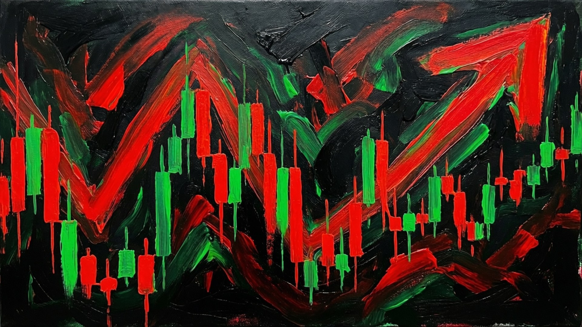 紅色、綠色和黑色的金融蠟燭圖抽象畫。