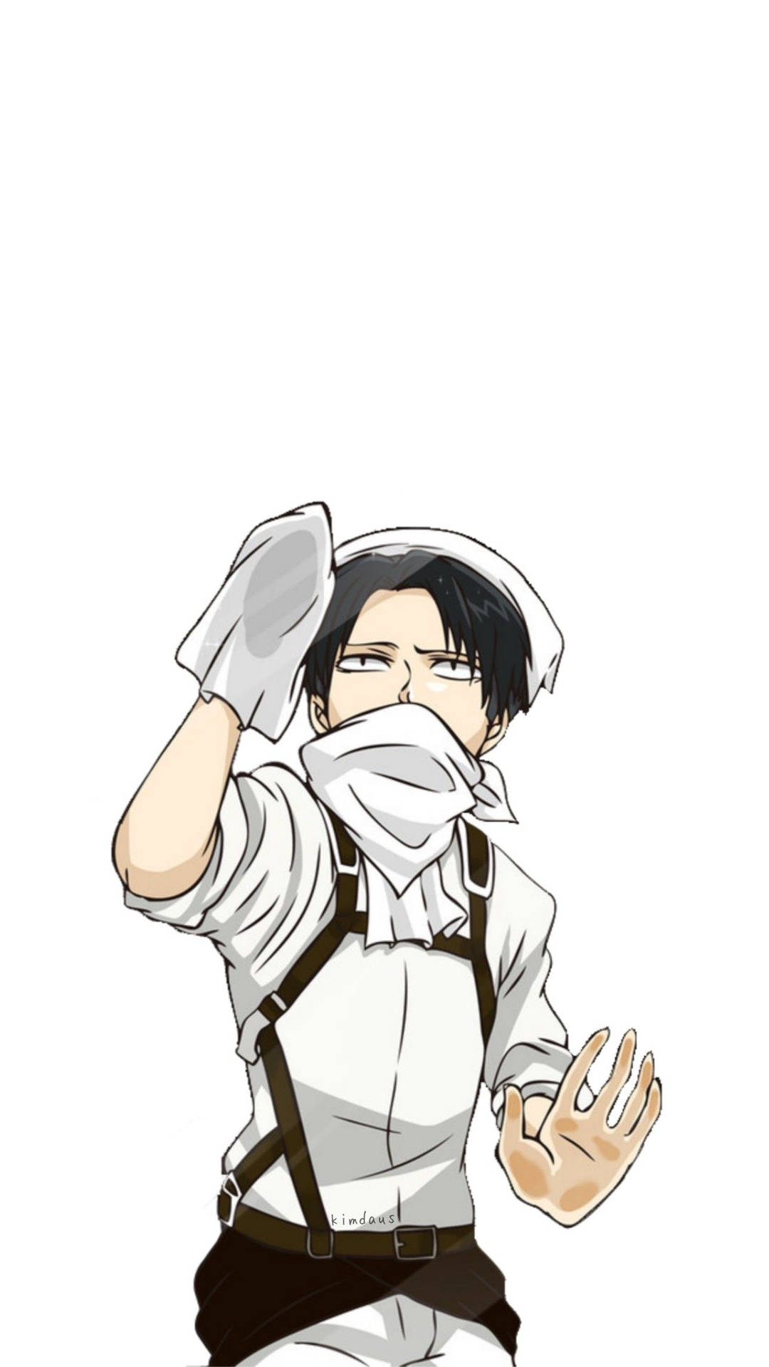 穿著白色制服的動漫男性角色用布擦汗並舉起手。