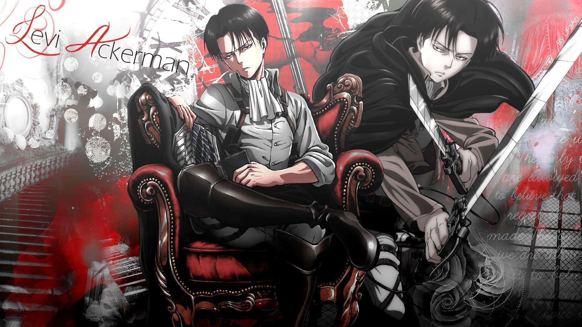 Levi Ackerman Desktop 桌布 壁紙 — 利維·阿卡曼威嚴地坐在一張紅色椅子上，一個陰影人物在混亂的紅黑背景中揮舞著劍。