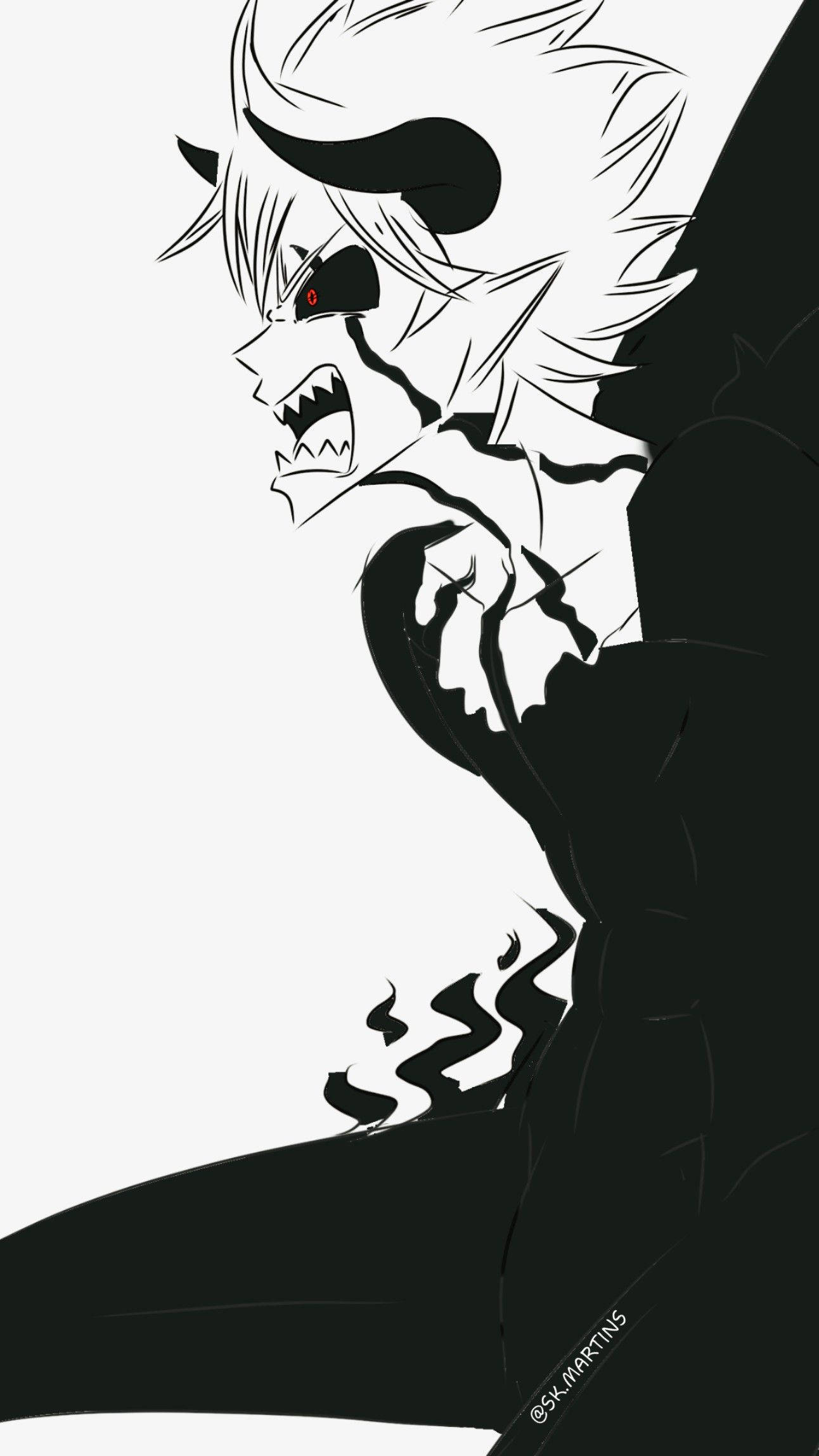 利貝《黑色五葉草》銳利目光 壁紙 — 一個風格化的動漫惡魔，白髮、黑角、紅眼，在純白背景上咆哮。