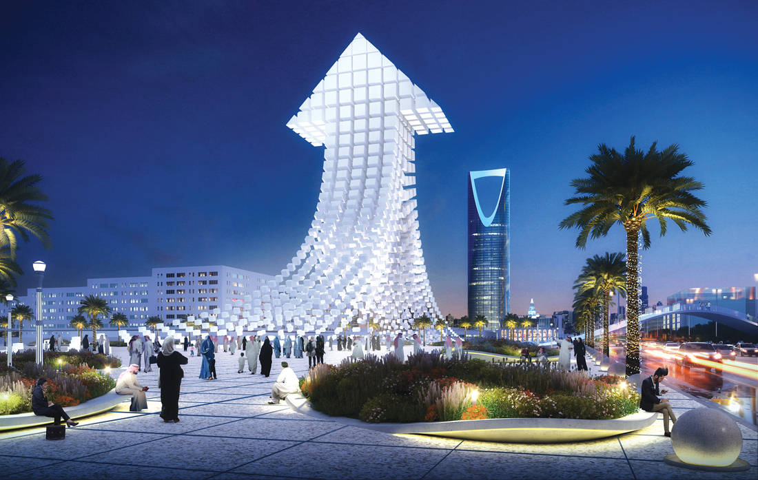 利雅得藝術計畫的箭形建築 壁紙 — 一個發光的白色箭頭形雕塑主導著暮色廣場，人們漫步，棕櫚樹在深藍色的天空下搖曳。