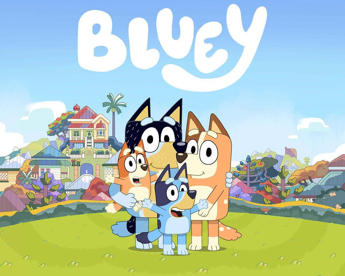 四隻卡通狗在歡快的戶外場景中，上方有BLUEY這個詞。