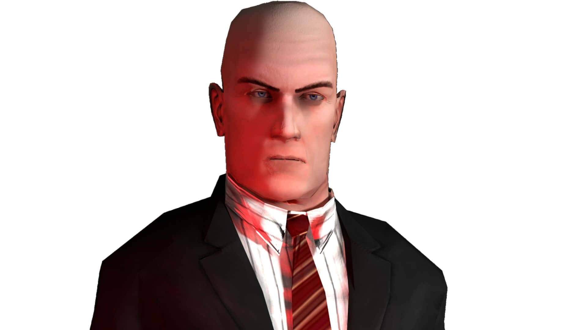 《刺客任務》主角 Hitman 行動中 壁紙 — 一個光頭男人穿著西裝，襯衫和領帶沾滿血跡，在白色背景前強烈凝視。
