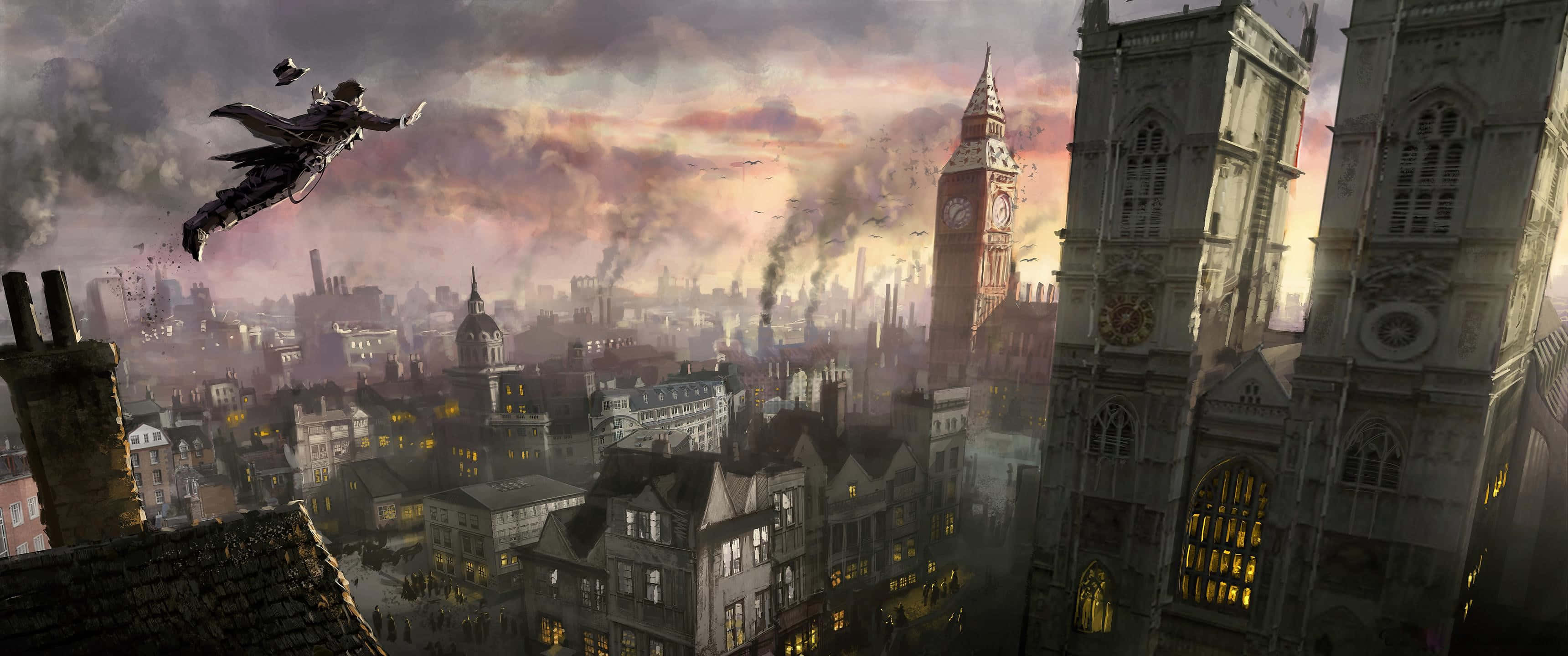 《刺客信條：奧德賽》3440x1440p 刺客跳崖背景 壁紙 — 一個身影在黃昏時分跳過煙霧瀰漫的倫敦天際線，大笨鐘和哥德式大教堂在火紅的橙色天空下閃耀。