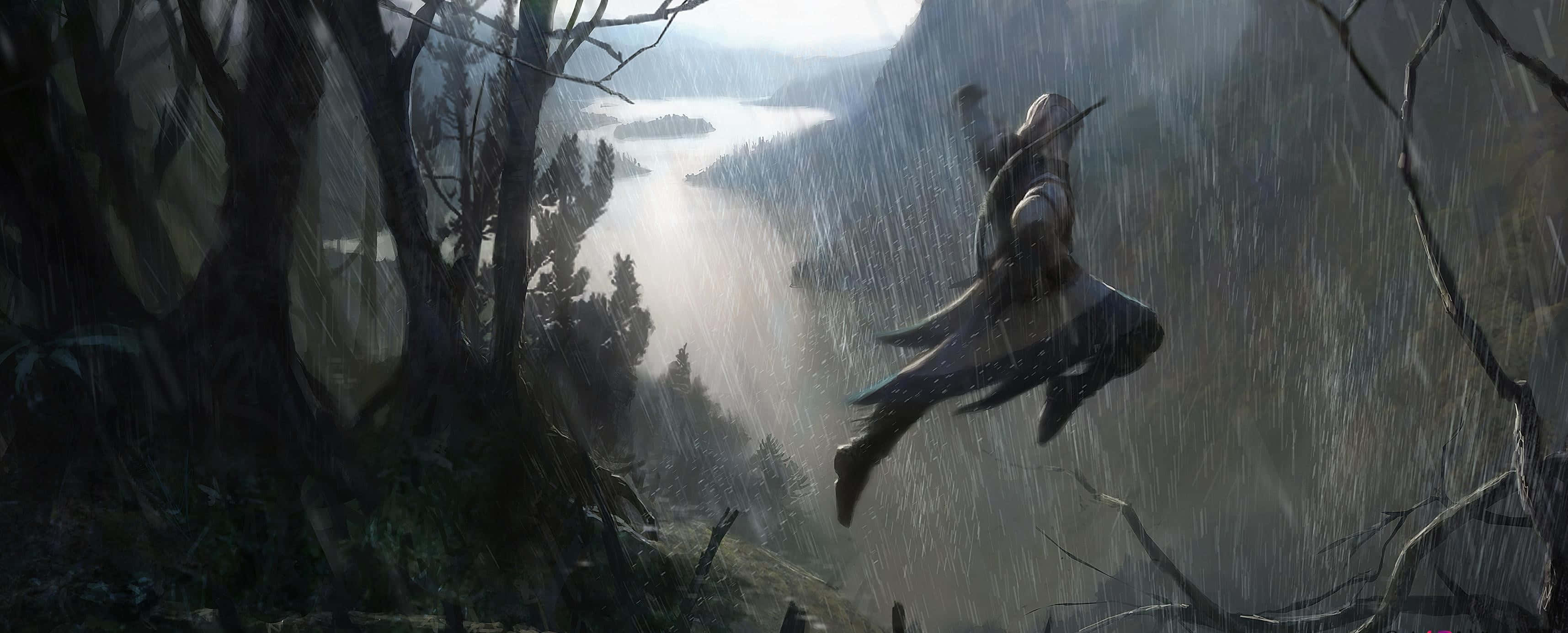 《刺客信條：奧德賽》3440x1440p 雨中刺客躍動背景 壁紙 — 一名戰士穿過大雨跳躍，越過霧氣籠罩的山谷，下方有一個湖泊。