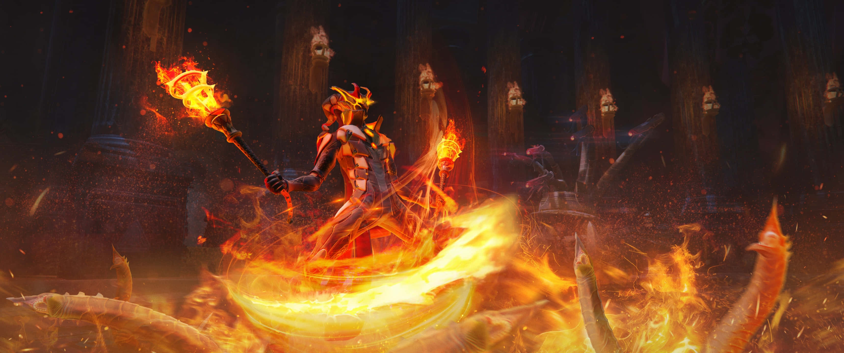 《刺客信條：奧德賽》3440x1440p 火焰女巫背景 壁紙 — 一名發光角度的火焰戰士在黑暗的古老寺廟中，於旋轉的火焰中揮舞著燃燒的火把。