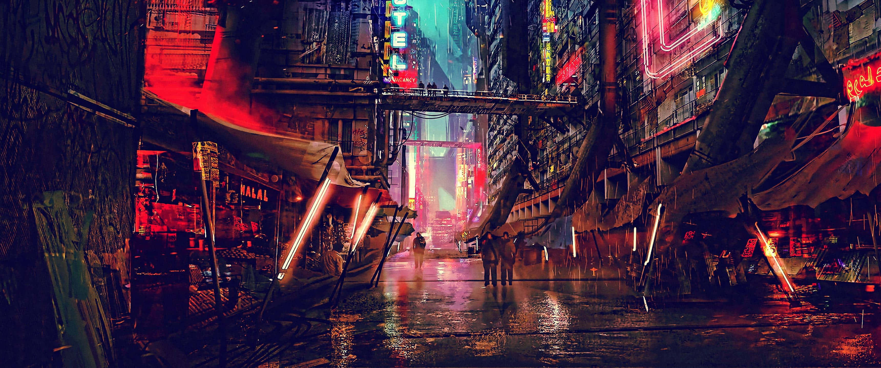 《刺客信條：奧德賽》3440x1440p 未來都市背景 壁紙 — 一條被雨水浸濕、充滿霓虹燈的賽博朋克小巷，高聳的建築物和發光的招牌在潮濕的路面上反射。