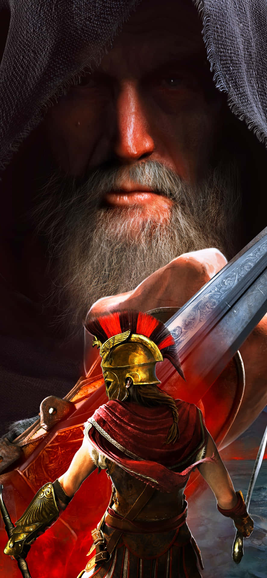金色頭盔和紅色斗篷的戰士面對一個手持劍的鬍鬚人物。