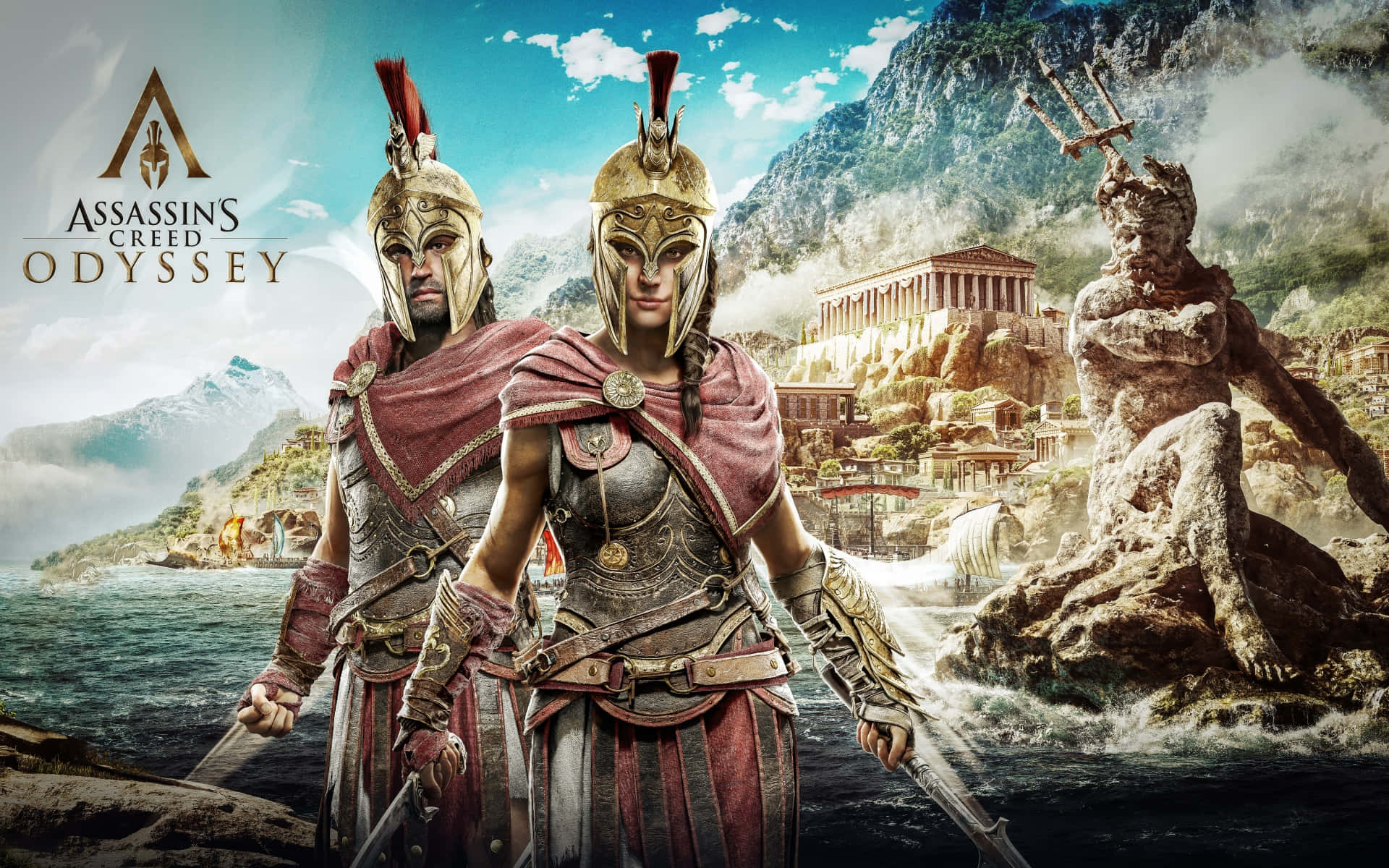 兩名身穿盔甲、戴著希臘頭盔的戰士站在一座沿海城市前，城市中有巨型雕像和山脈。