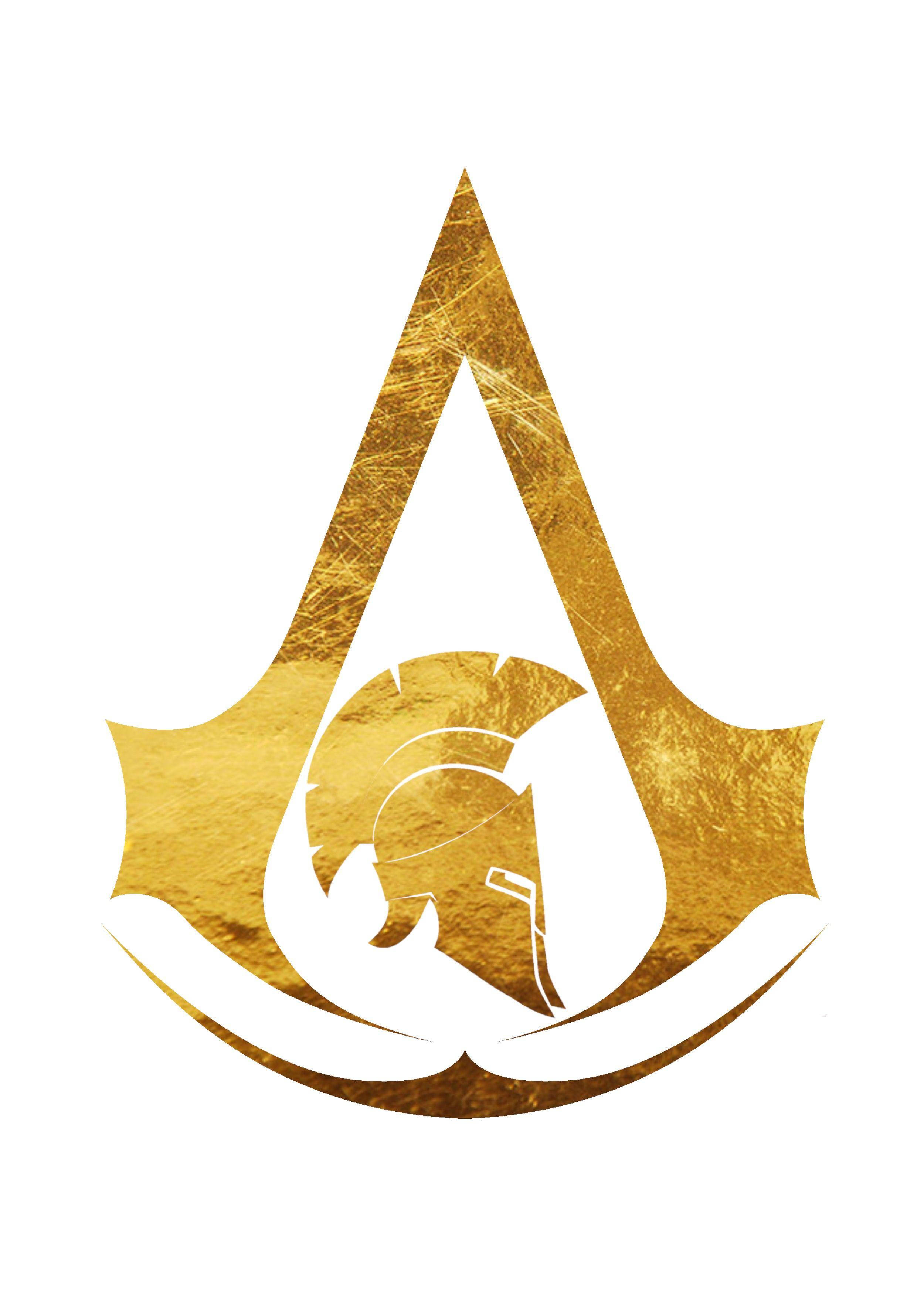 《刺客信條：奧德賽》金色標誌 壁紙 — 金色嘅Assassin's Creed標誌，帶有紋理金屬光澤，內部有白色斯巴達頭盔剪影。