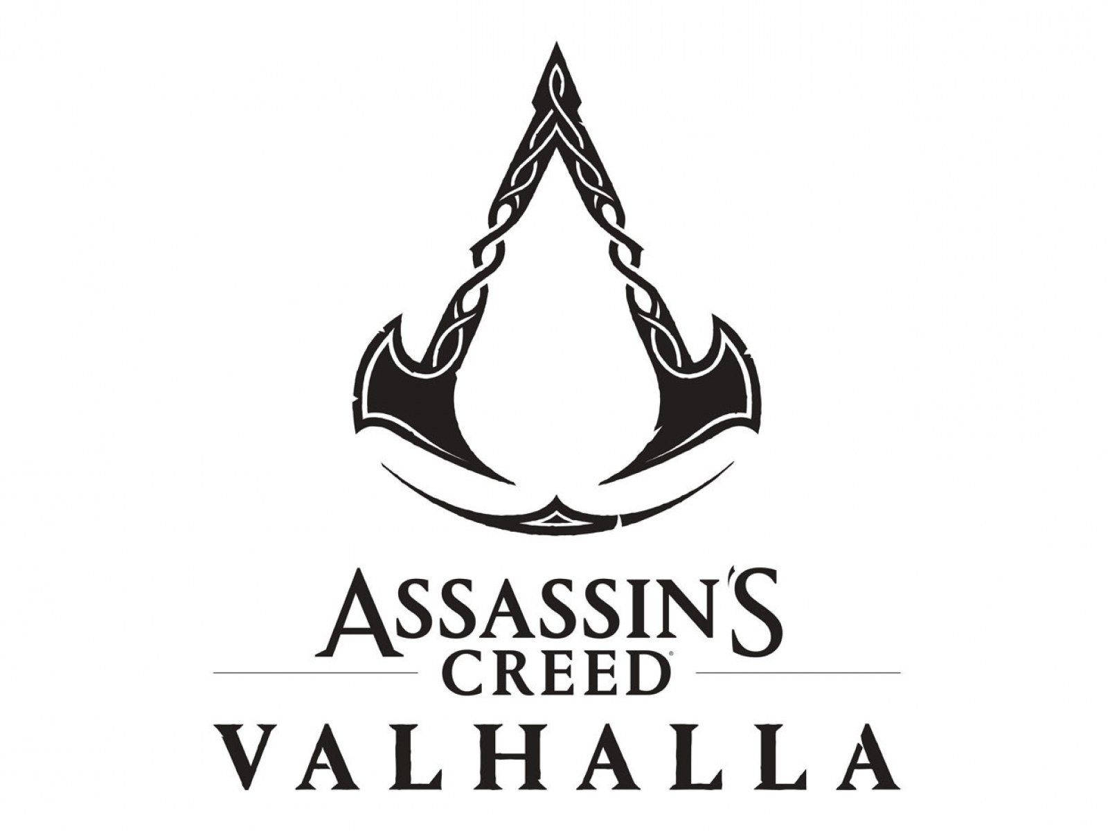 《刺客信條：維京》極簡標誌 壁紙 — Assassin's Creed Valhalla 的黑白標誌，以純白色背景上的風格化維京斧頭搭配凱爾特結飾為特色。