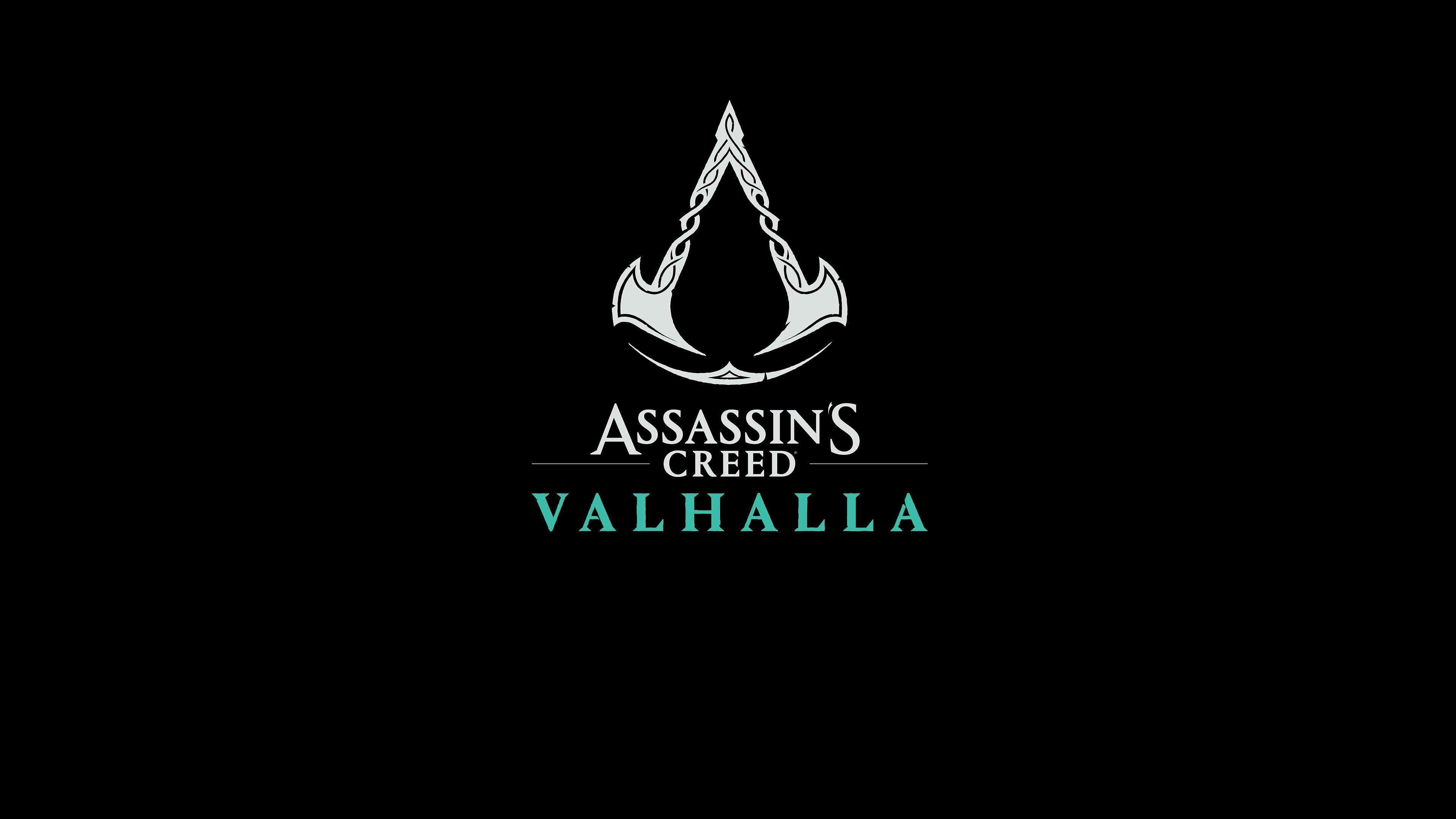 《刺客信條：維京》遊戲標誌 壁紙 — Assassin's Creed Valhalla 標誌在純黑背景上閃耀著銀色和藍綠色。