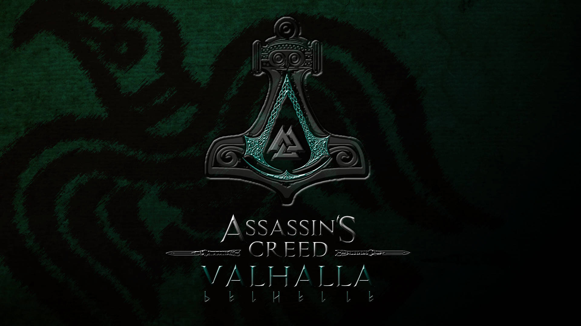 《刺客信條：維京》風格化維京標誌 壁紙 — 深綠色紋理牆紙，帶有 Assassin's Creed Valhalla 標誌、發光的青綠色符文設計和標題文字。