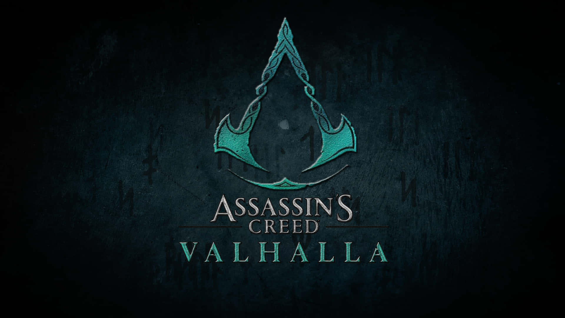 在深色紋理背景上帶有青綠色徽章和文字的 Assassin's Creed Valhalla 標誌。