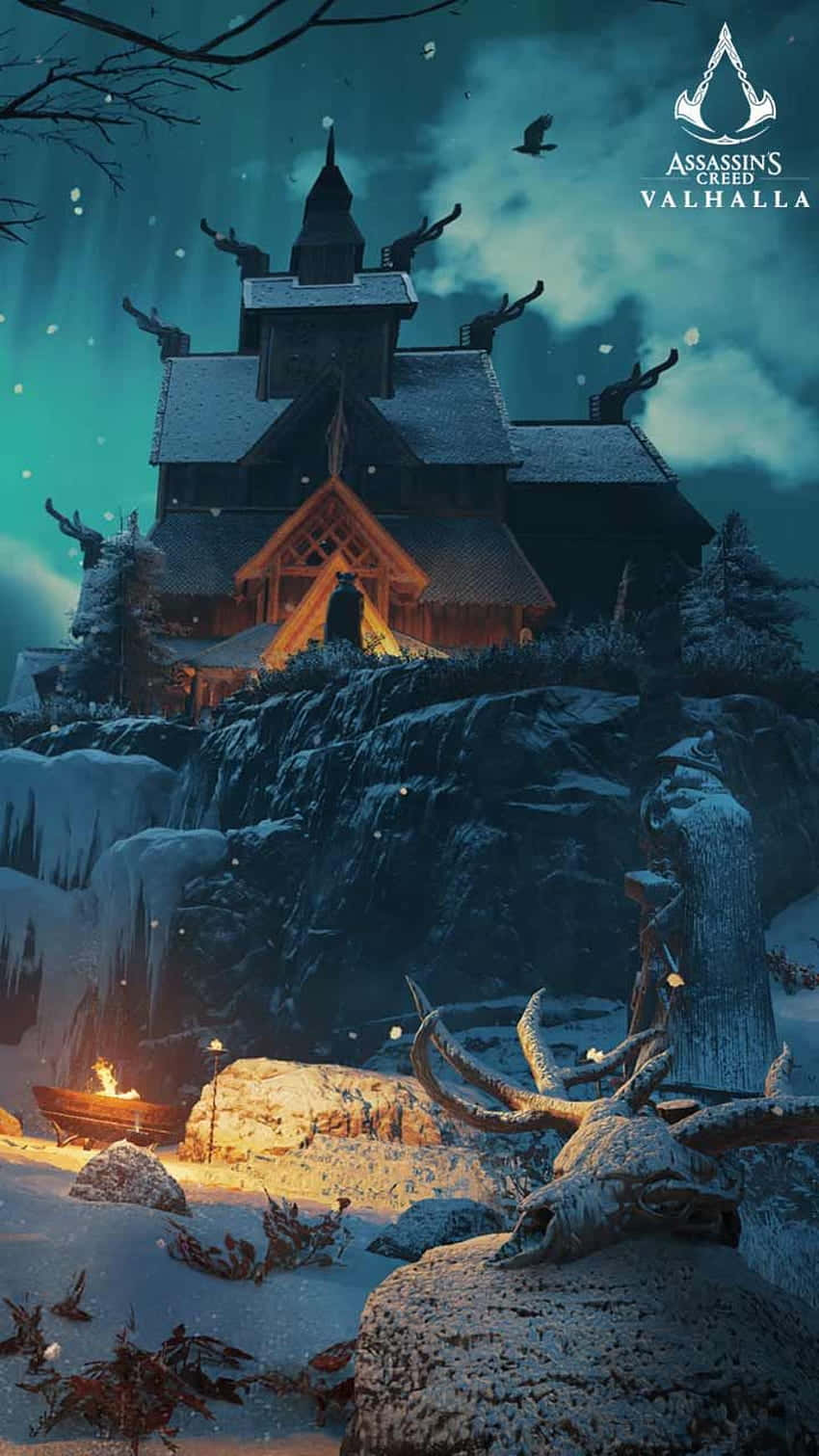 雪崖上的維京長屋，溫暖火光與暮色中飛翔的烏鴉。