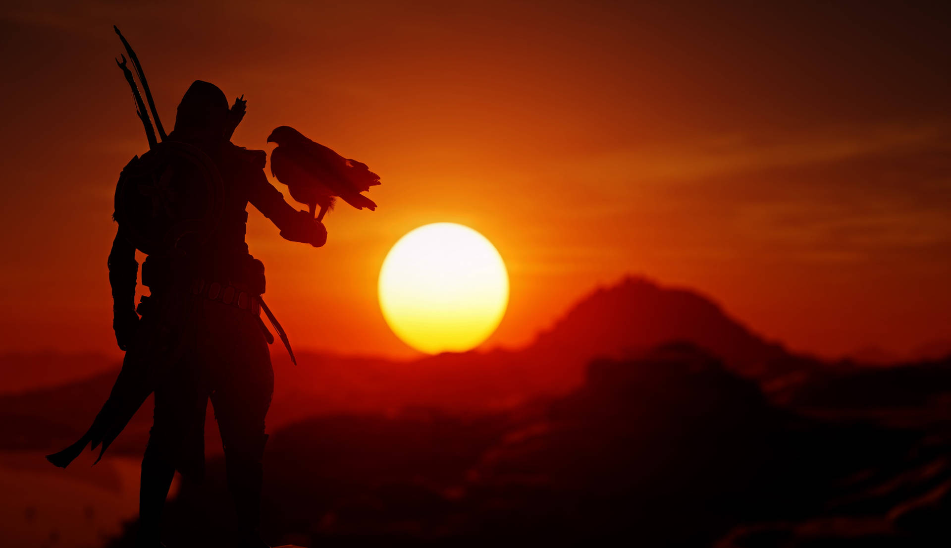 戰士與鷹棲息在戴手套的手上，沙漠夕陽