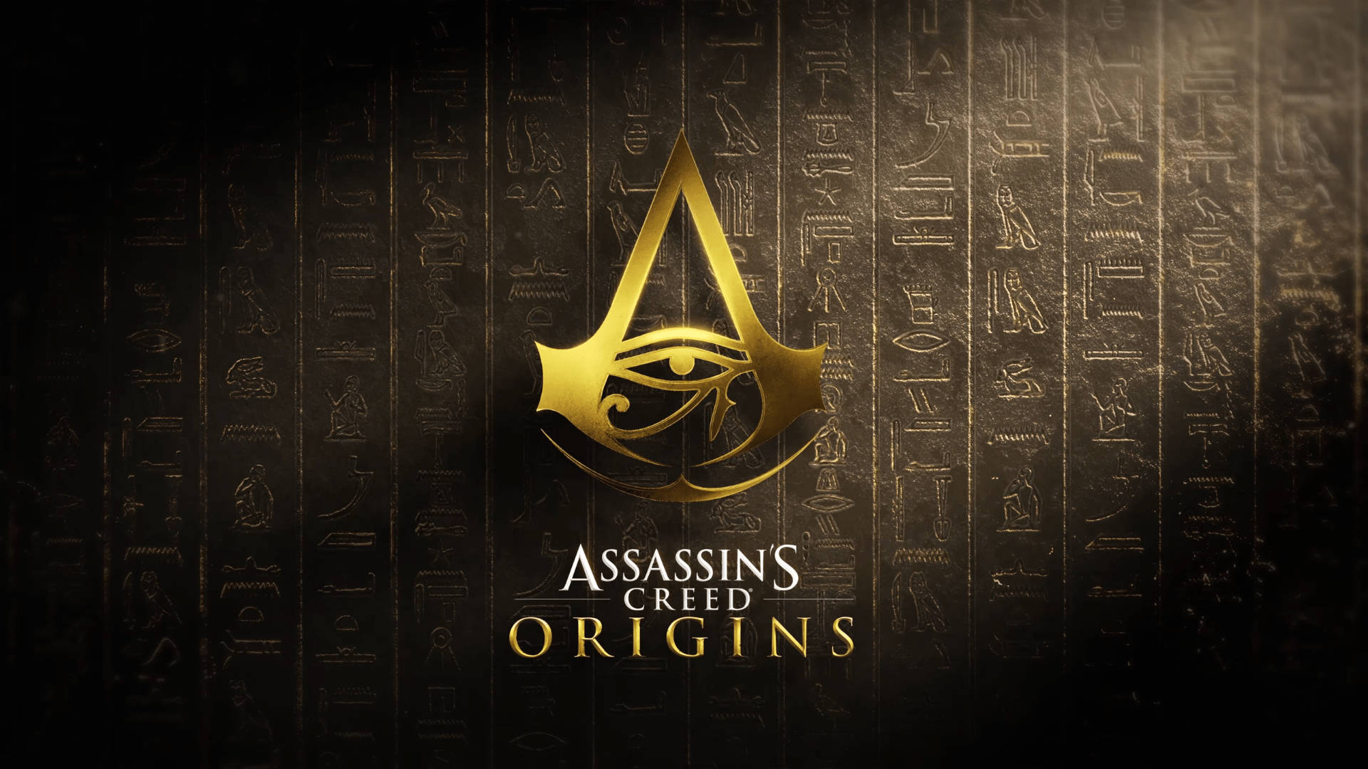 金色Assassin's Creed Origins標誌喺深色象形文字背景上。