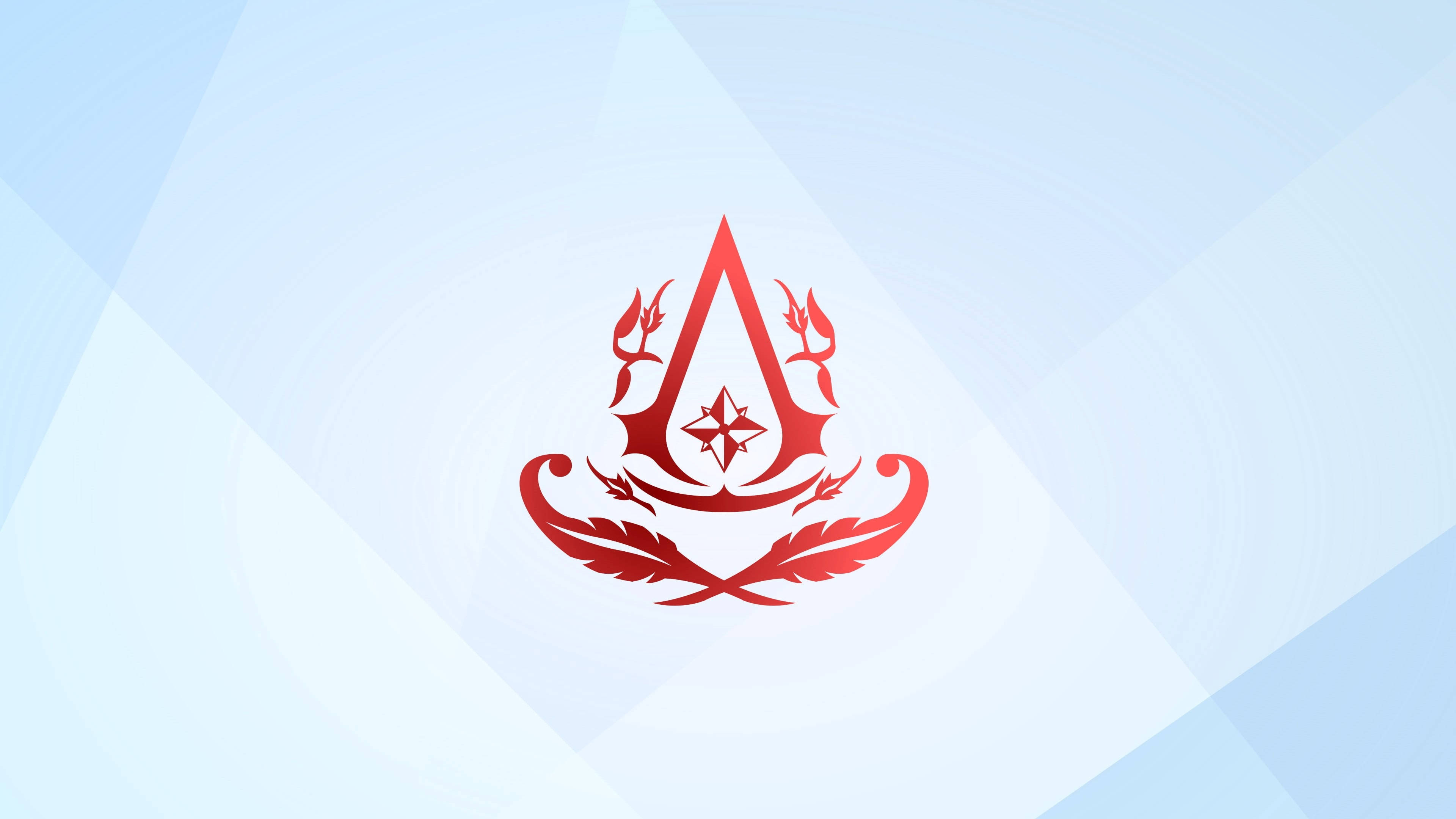 刺客信條優雅遊戲標誌 壁紙 — 一個大膽的紅色Assassin's Creed標誌，居中放置在帶有幾何光線的柔和漸變藍色背景上。