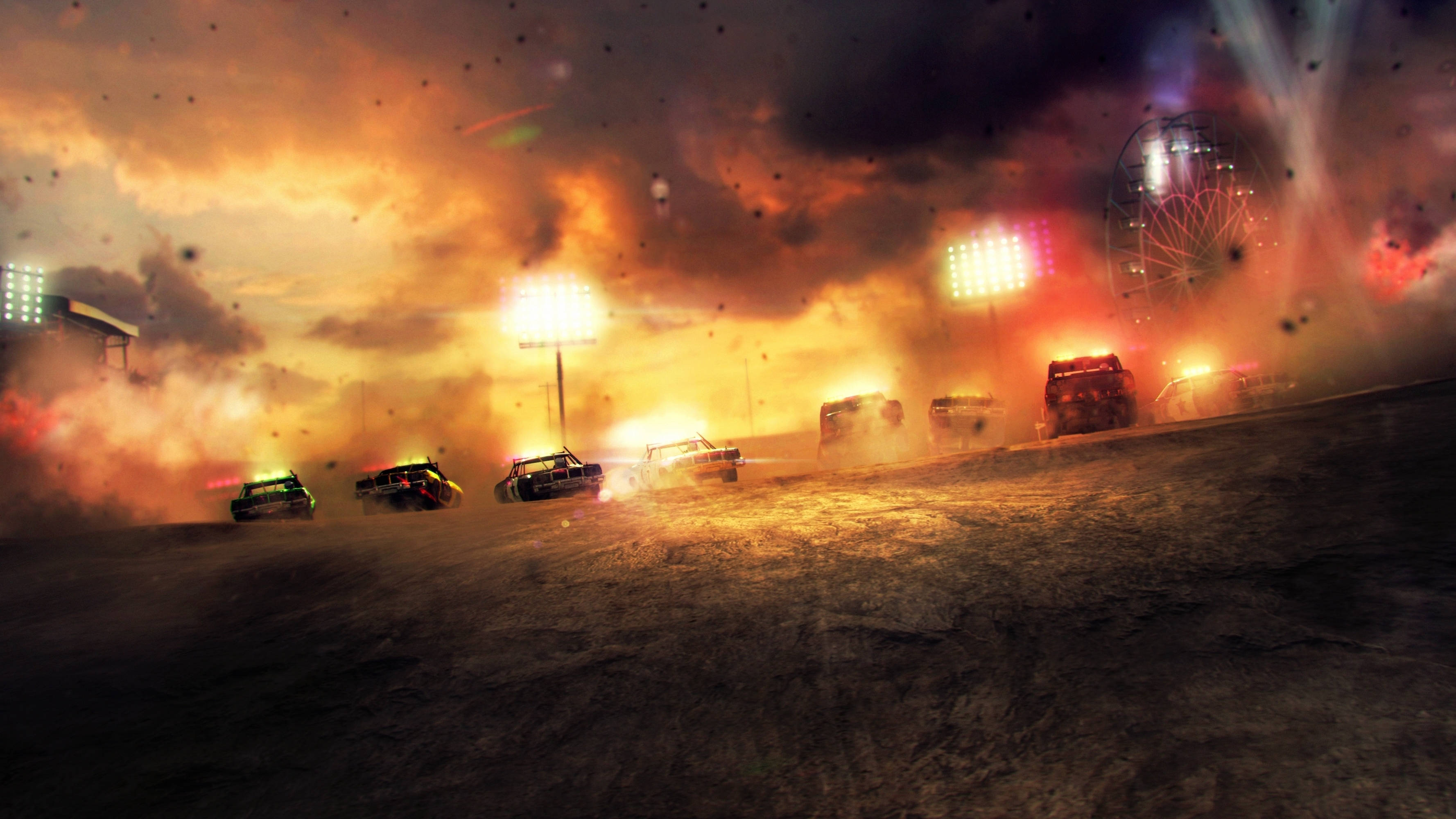 刺激特技：《Dirt Showdown》遊樂園賽道 壁紙 — 賽車在塵土飛揚的體育場中疾馳，背景是熾熱的日落燈光和閃閃發光的摩天輪。