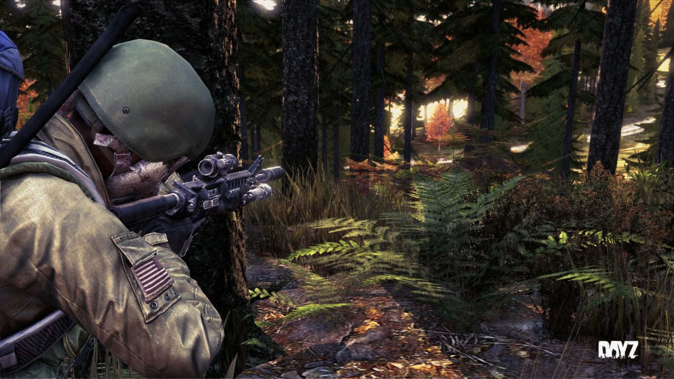刺激的 DayZ Epoch Mod 遊戲風景 壁紙 — 一名身穿迷彩裝備的士兵蹲在茂密森林的樹後，瞄準步槍，陽光透過秋葉灑落。