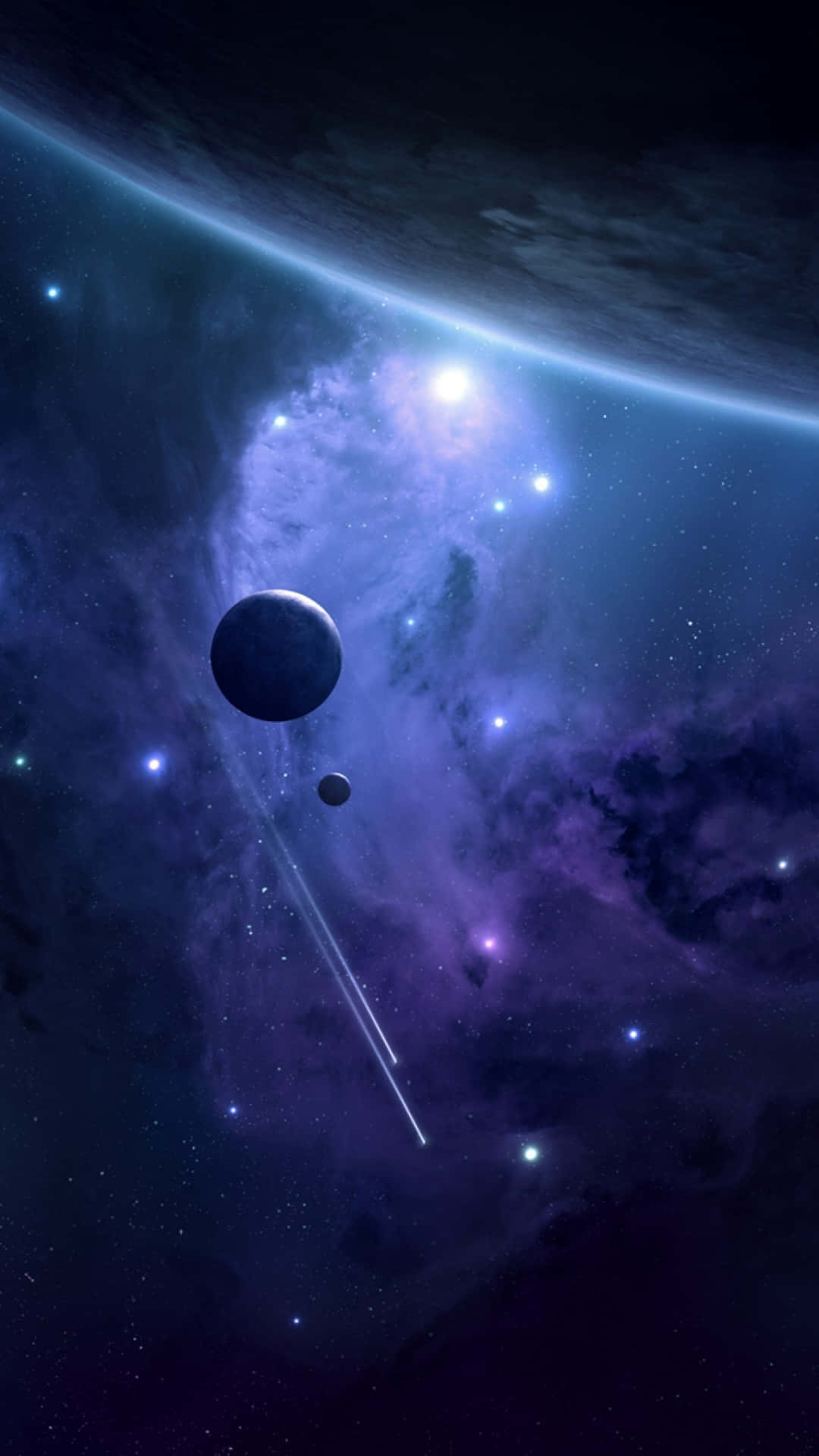 一個宇宙場景，有紫色星雲、兩顆行星和一顆彗星，背景是星空。