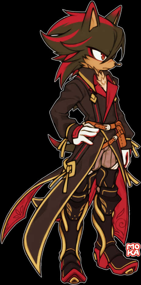 刺猬夏莫海盜裝扮 壁紙 — 一隻風格化的擬人化狐狸，擁有紅色和棕色的毛皮，自信地穿著一件帶有金色飾邊和紅色點綴的深色外套，站在黑色背景前。