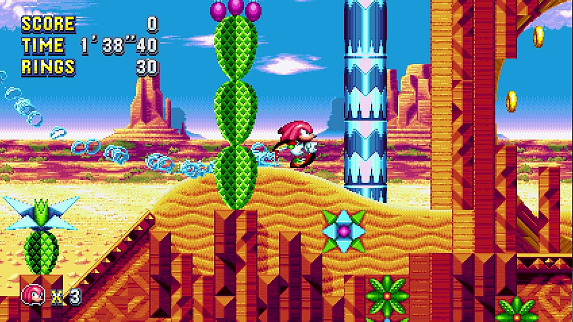 刺猬索尼克完成綠色山丘區 壁紙 — Sonic the Hedgehog 喺明亮藍天下穿過有仙人掌同漂浮環嘅沙漠關卡。