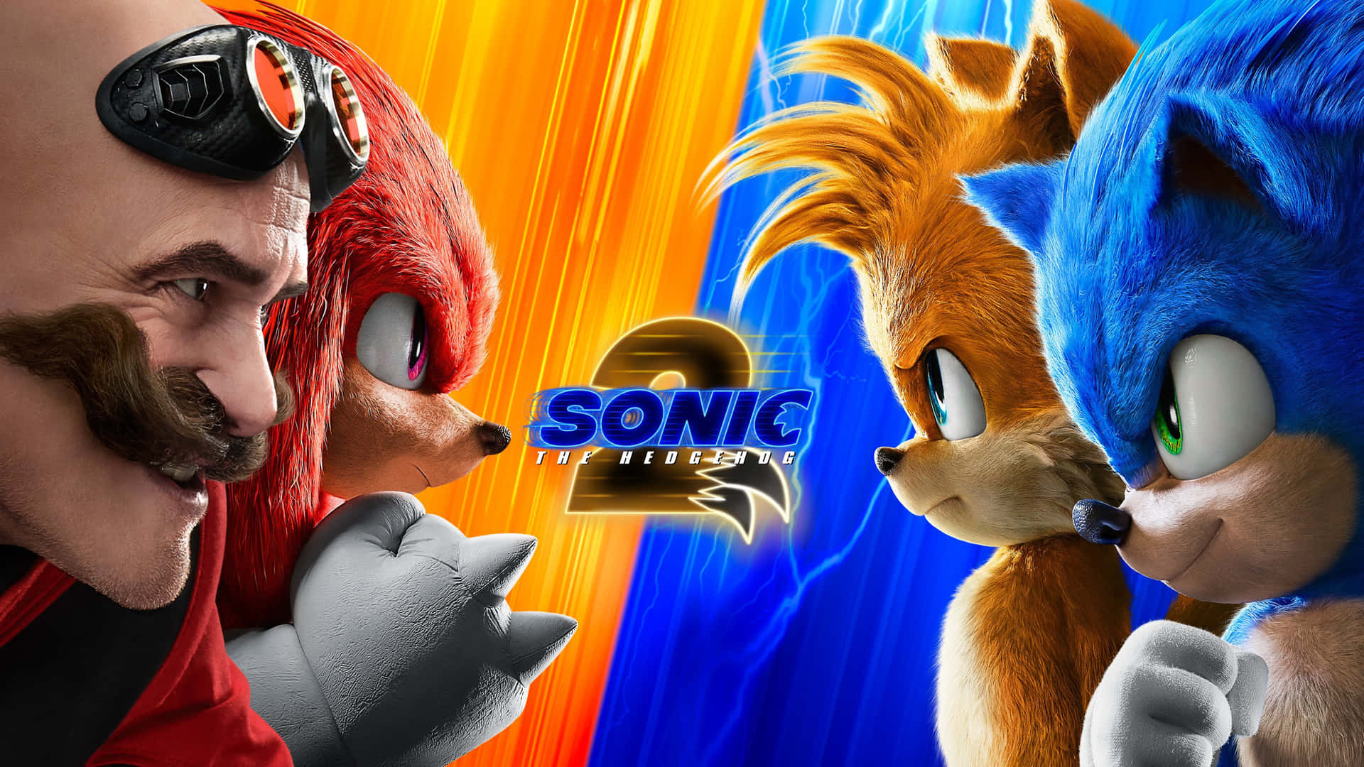 Sonic Tails 在色彩繽紛的動畫電影海報中對抗 Eggman 和 Knuckles。