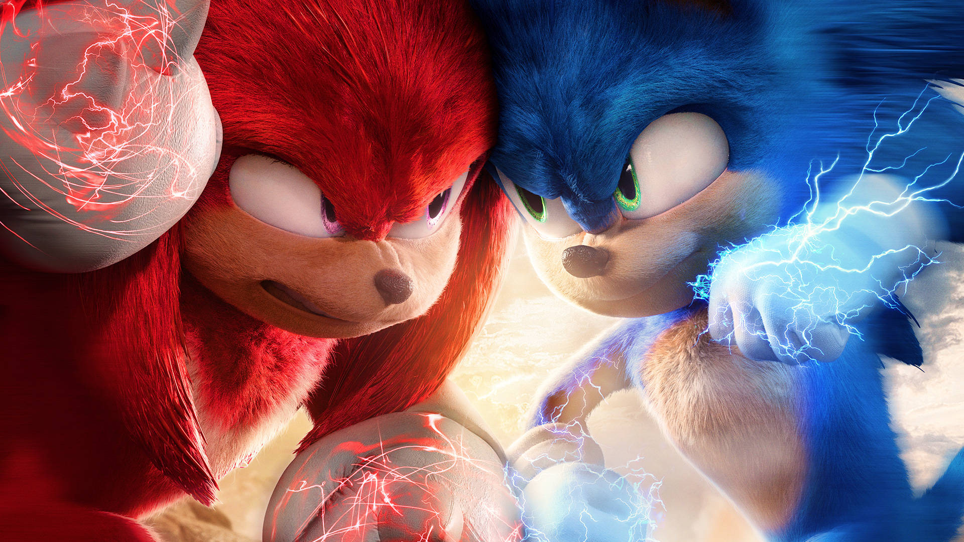 刺猬索尼克系列： Knuckles 持紅水晶球戰鬥 壁紙 — Sonic 與 Knuckles 在動態特寫中對峙，藍色和紅色的能量在他們周圍噼啪作響、旋轉環繞。